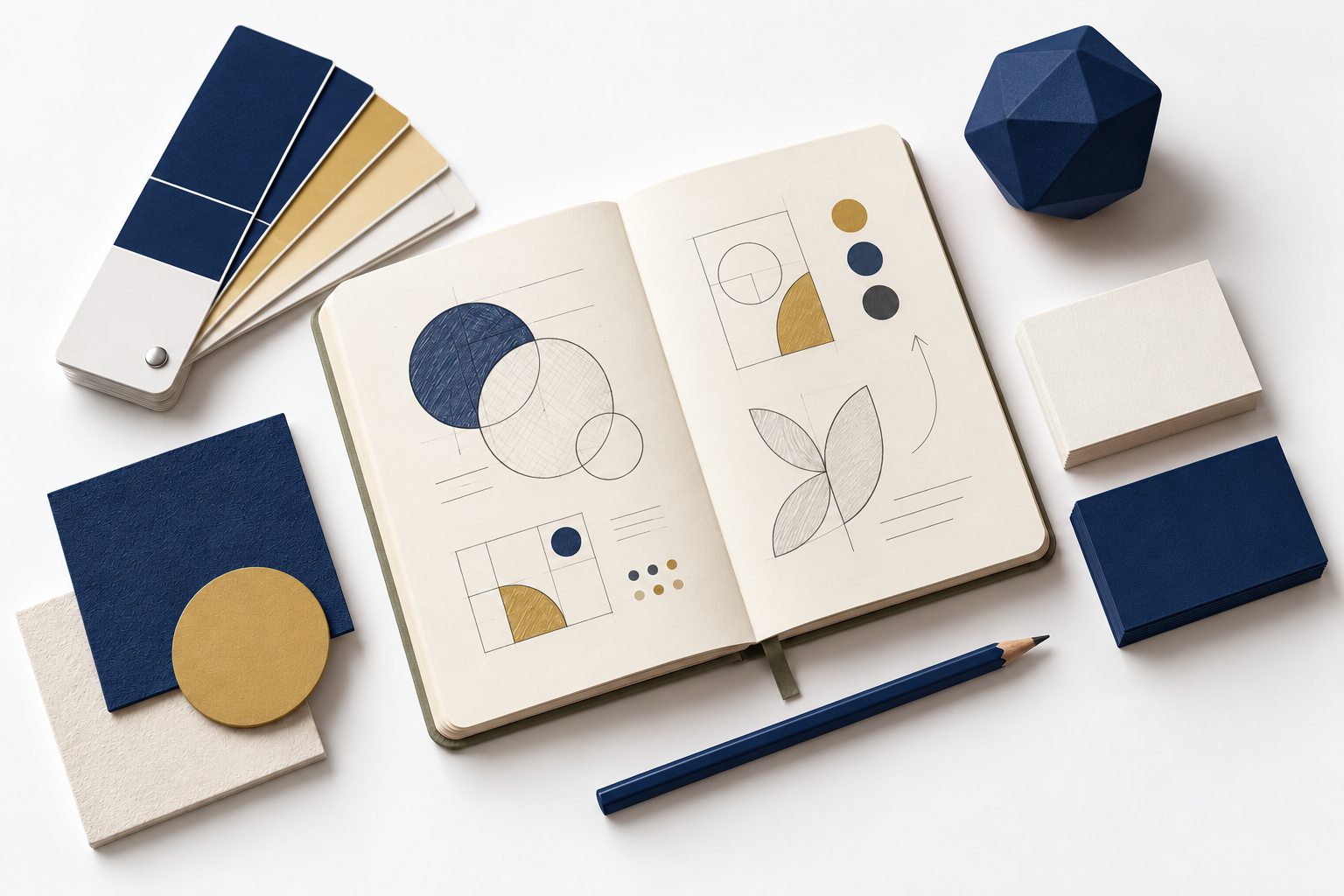 Brand planning notebook, color swatches and design materials