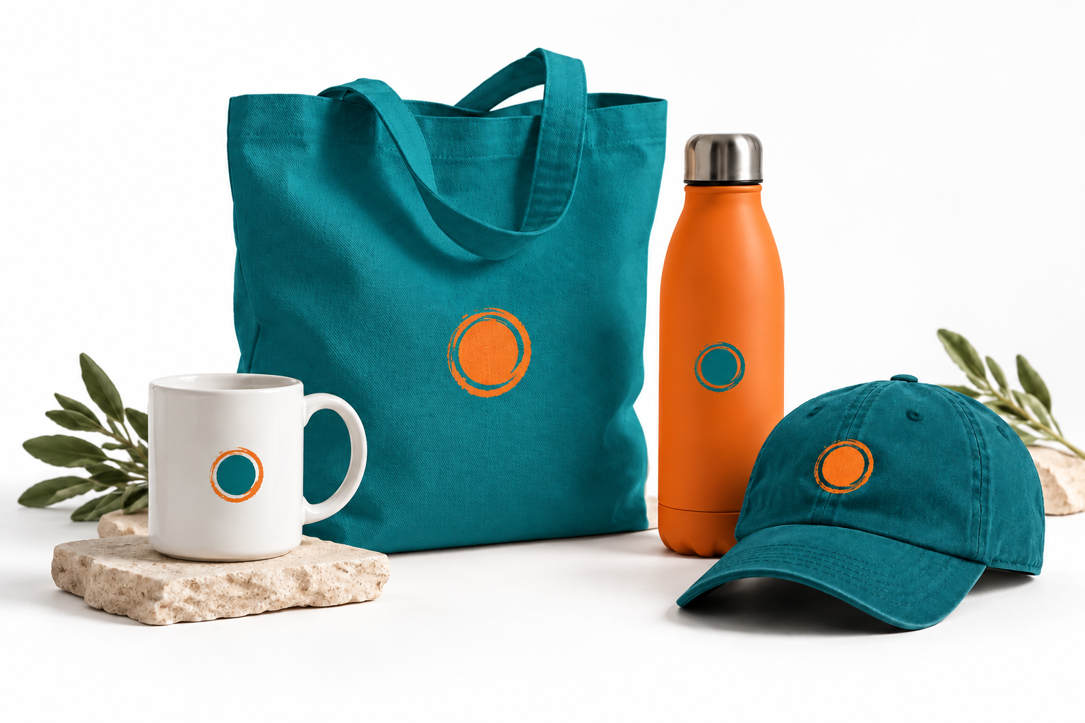 Coordinated promotional tote bag, mug, bottle and cap
